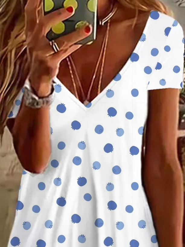 Damen Kurzarm Sommer Polka Dots Print Kleid V-Ausschnitt Täglich Ausgehen Lässig Knielänge T-Shirt-Kleid H-Linie Kleid