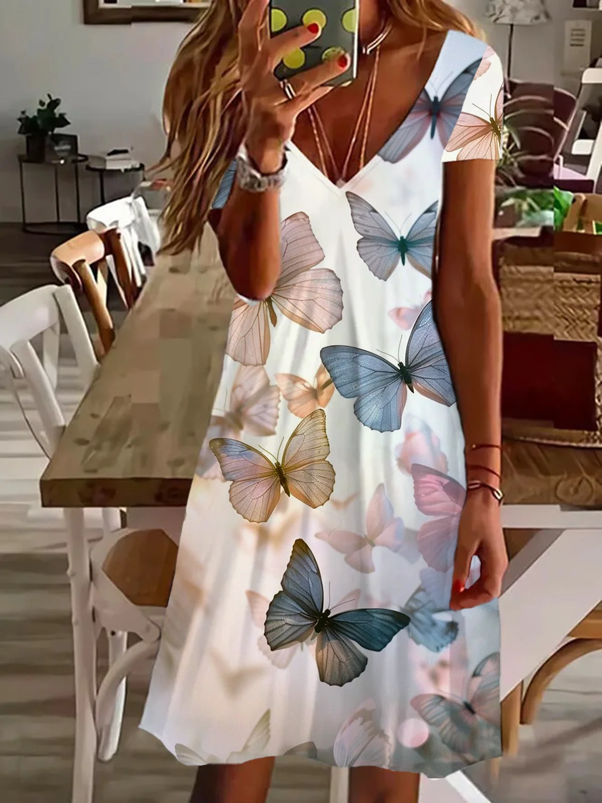 Damen Kurzarm Sommer Geblümt Print Kleid V-Ausschnitt Täglich Ausgehen Lässig Knielänge T-Shirt-Kleid H-Linie Kleid