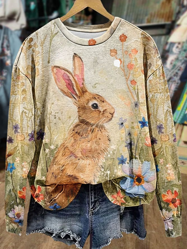 Damen Rundhals OSTERN (Kaninchen) Print Lässig Frühling/Herbst Langarm Sweatshirt