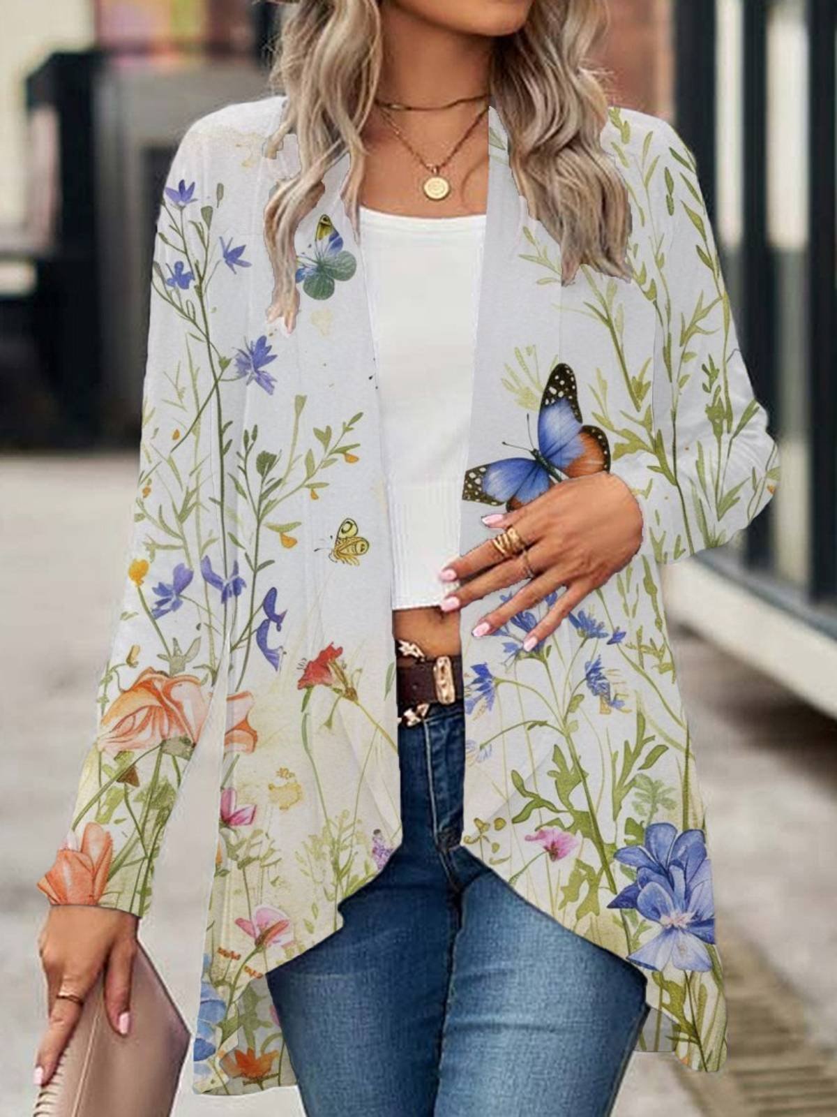 Damen Frühling/Herbst Aufdecken Lässig Geblümt Print Leicht Strickjacke