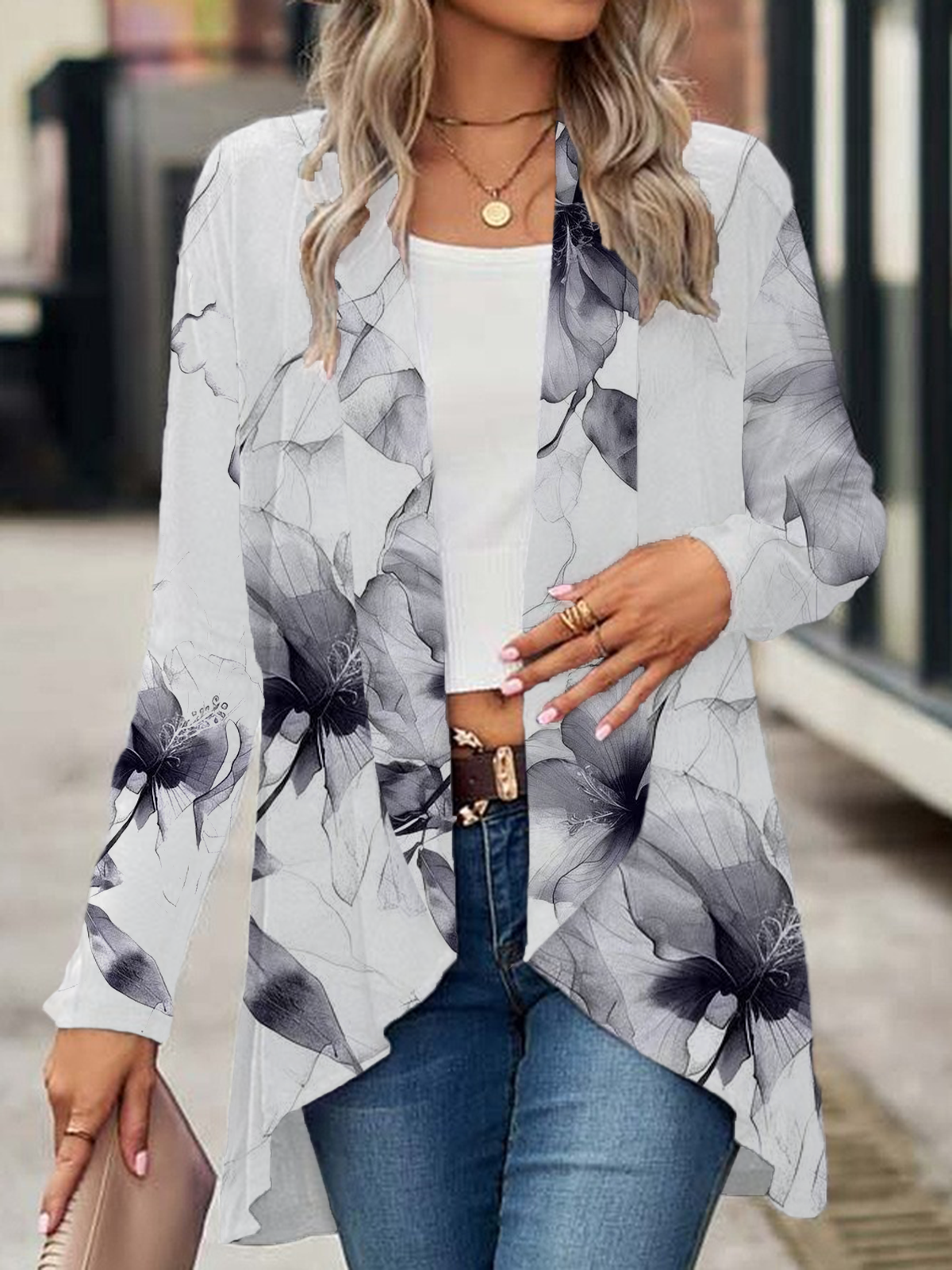 Damen Frühling/Herbst Aufdecken Lässig Geblümt Print Leicht Strickjacke