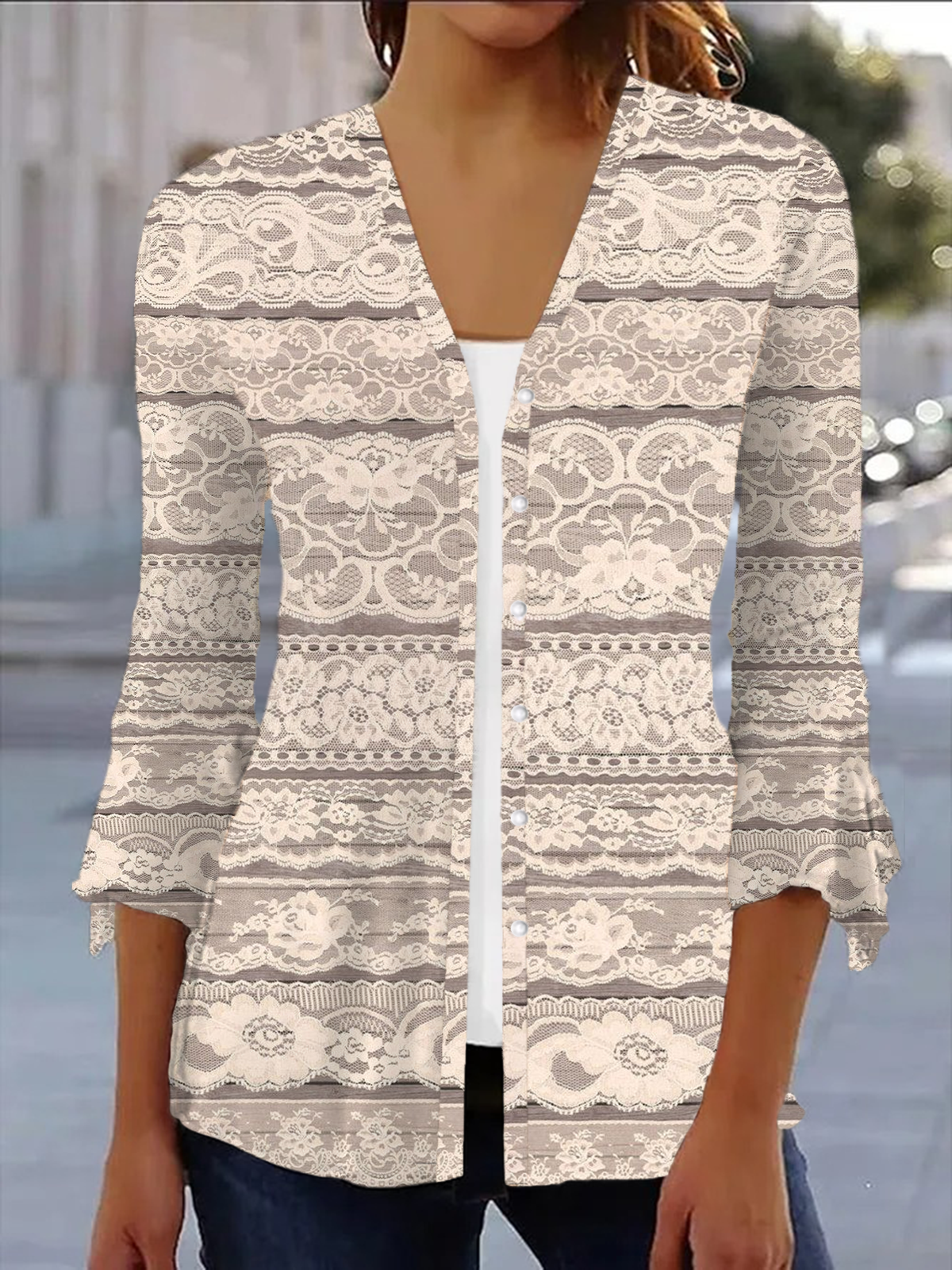 Damen Frühling/Herbst Aufdecken Lässig Geblümt Print Leicht Strickjacke