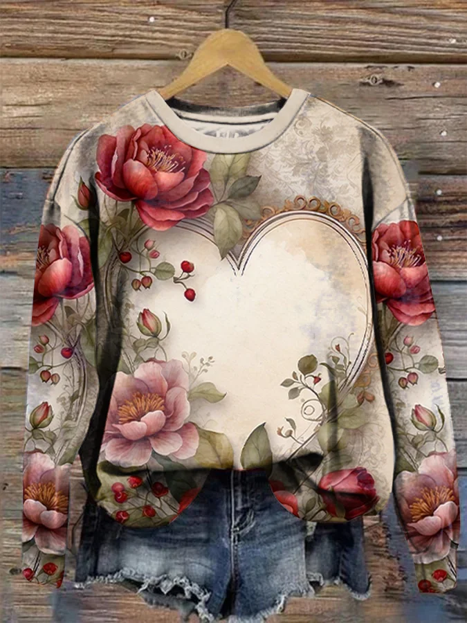 Damen Rundhals Geblümt Print Lässig Frühling/Herbst Langarm Sweatshirt