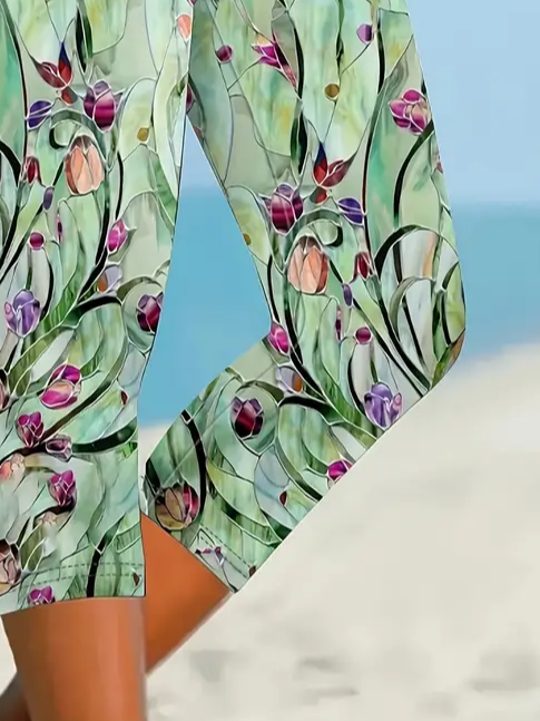 Damen Hose Elastische Taille Legging Täglich Ausgehen Lässig Print Geblümt Sommer Hose