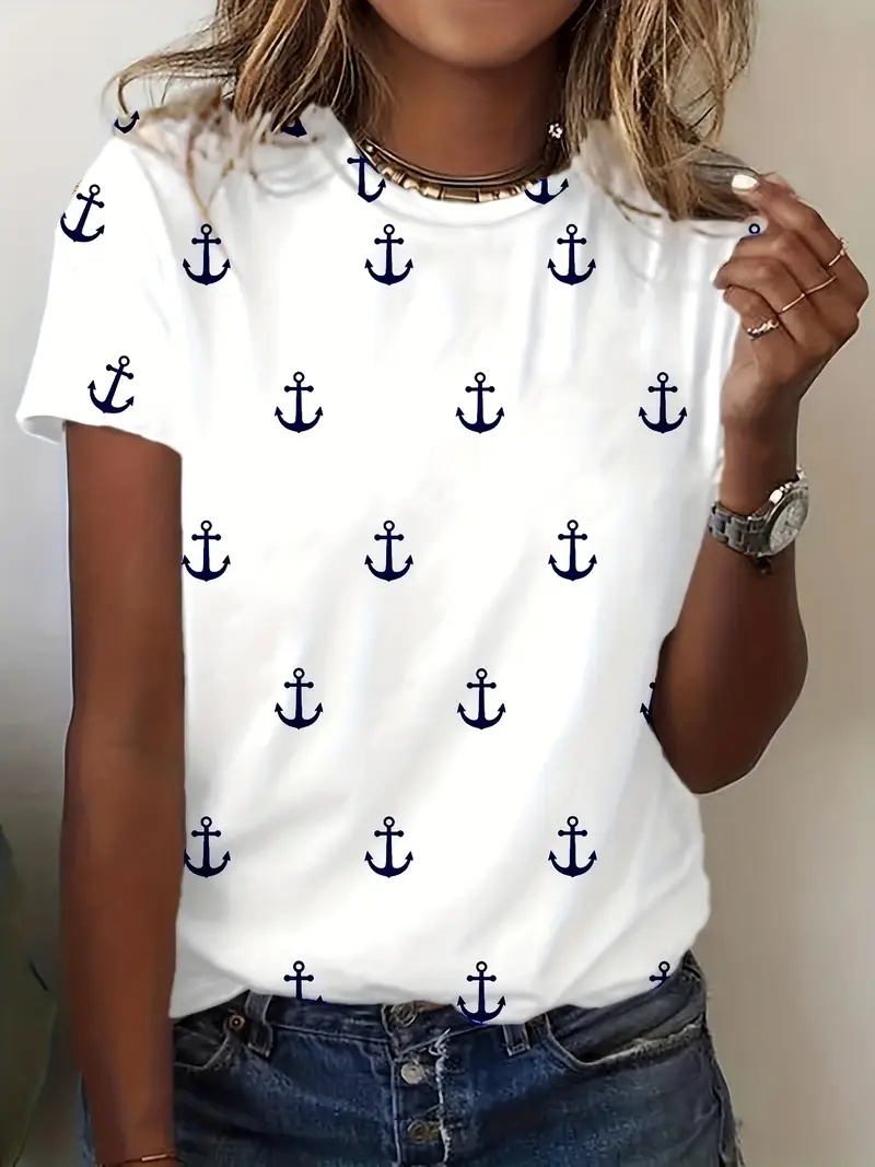 Damen Kurzarm T-Shirts T-Shirt Sommer Anker Print Rundhals Lässig T-Shirt mit Grafik Oberteile