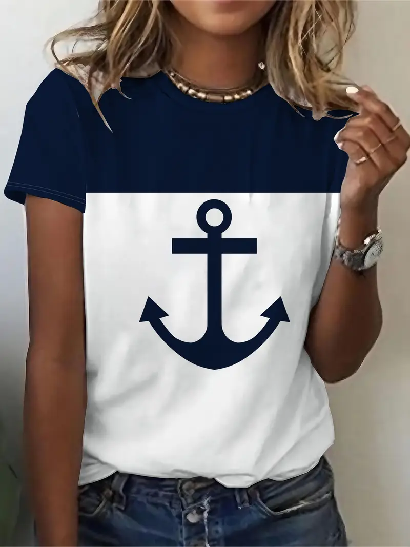 Damen Kurzarm T-Shirts T-Shirt Sommer Anker Print Rundhals Lässig T-Shirt mit Grafik Oberteile