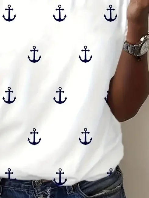 Damen Kurzarm T-Shirts T-Shirt Sommer Anker Print Rundhals Lässig T-Shirt mit Grafik Oberteile