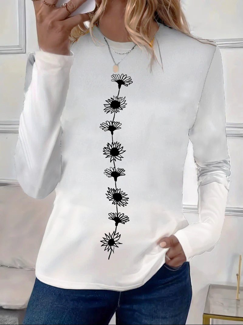 Damen Langarm T-Shirts T-Shirt Frühling/Herbst Geblümt Print Rundhals Lässig T-Shirt mit Grafik Oberteile