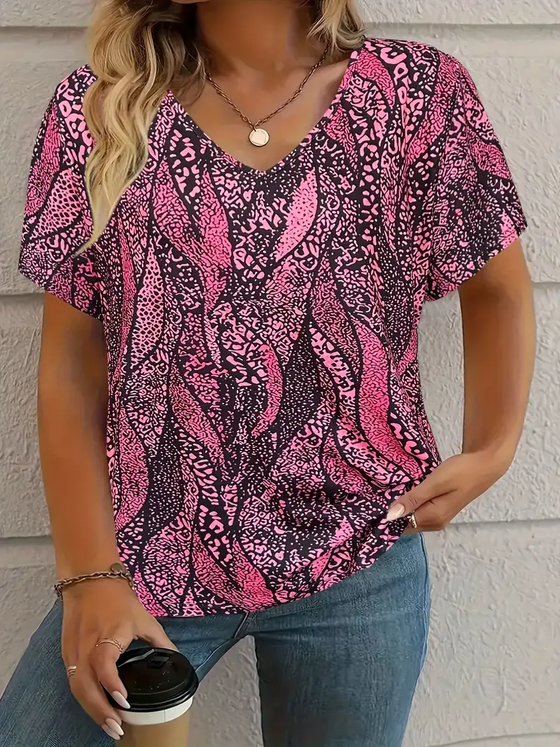 Damen Leopard Kurzarm T-Shirts T-Shirt V-Ausschnitt Lässig Sommer T-Shirt mit Grafik Oberteile