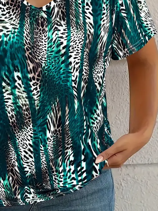 Damen Leopard Kurzarm T-Shirts T-Shirt V-Ausschnitt Print Lässig Sommer T-Shirt mit Grafik Oberteile