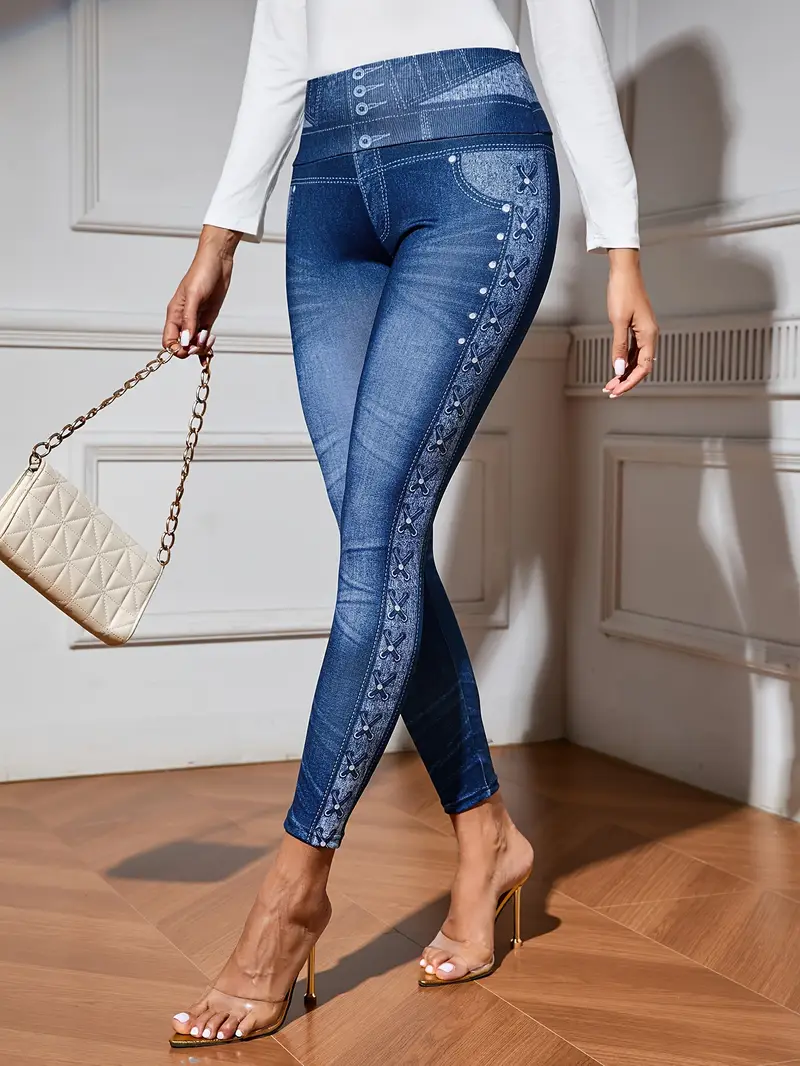 Damen Denim-Print-Grafik Lässig Alle Jahreszeiten Print Lang Leggings