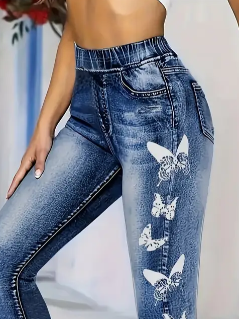 Damen Denim-Print-Grafik Lässig Alle Jahreszeiten Print Lang Leggings