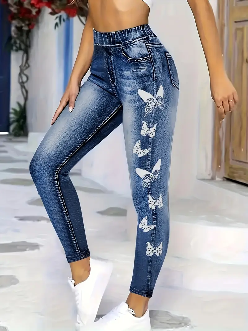 Damen Denim-Print-Grafik Lässig Alle Jahreszeiten Print Lang Leggings