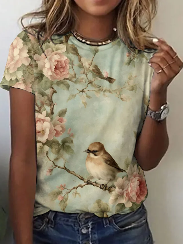 Damen Geblümt Kurzarm T-Shirts T-Shirt Rundhals Lässig Sommer Oberteile