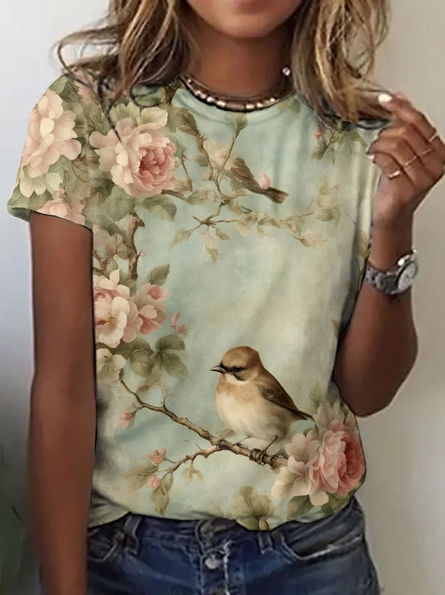 Damen Geblümt Kurzarm T-Shirts T-Shirt Rundhals Lässig Sommer Oberteile