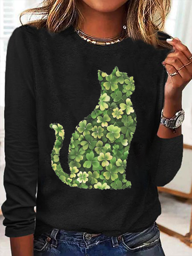 Damen Katze Langarm T-Shirts T-Shirt Rundhals Print Lässig Frühling/Herbst T-Shirt mit Grafik Oberteile