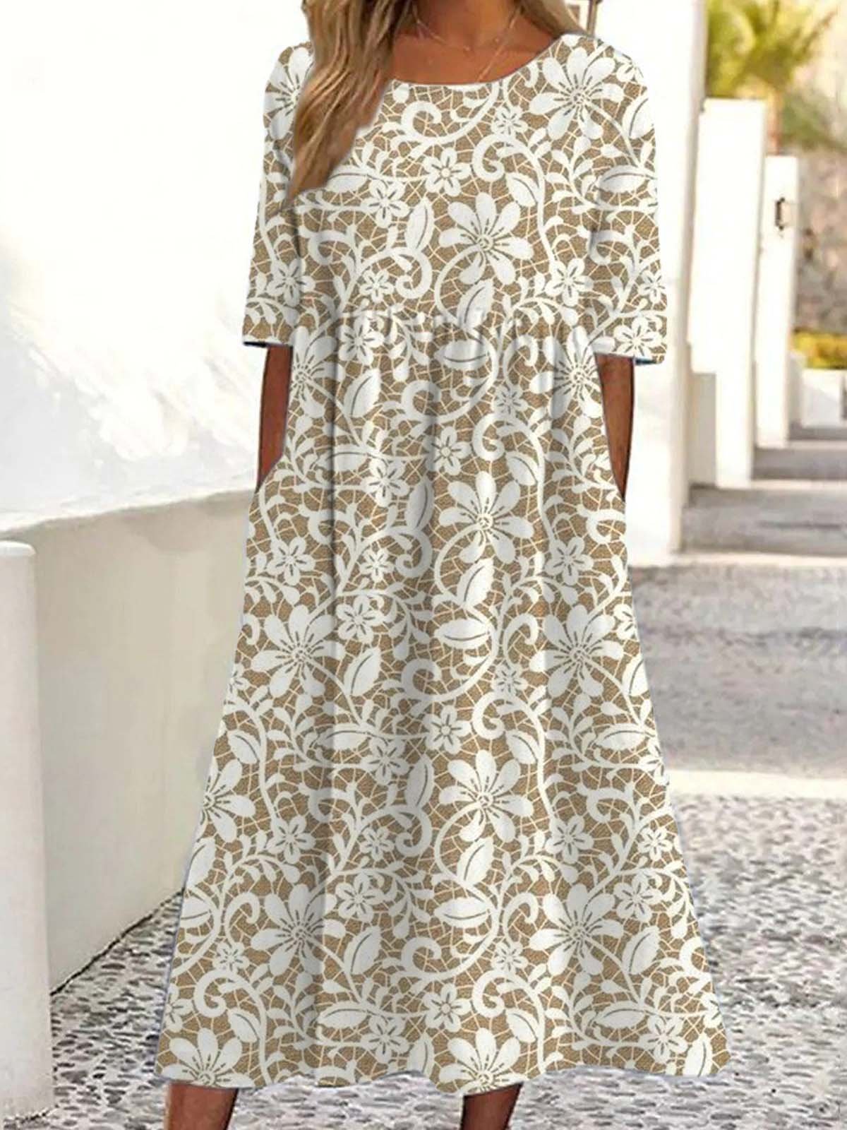 Damen Geblümt Halbarm Sommer Kleid Rundhals Täglich Retro Maxikleid Blusenkleid A-Linien-Kleid