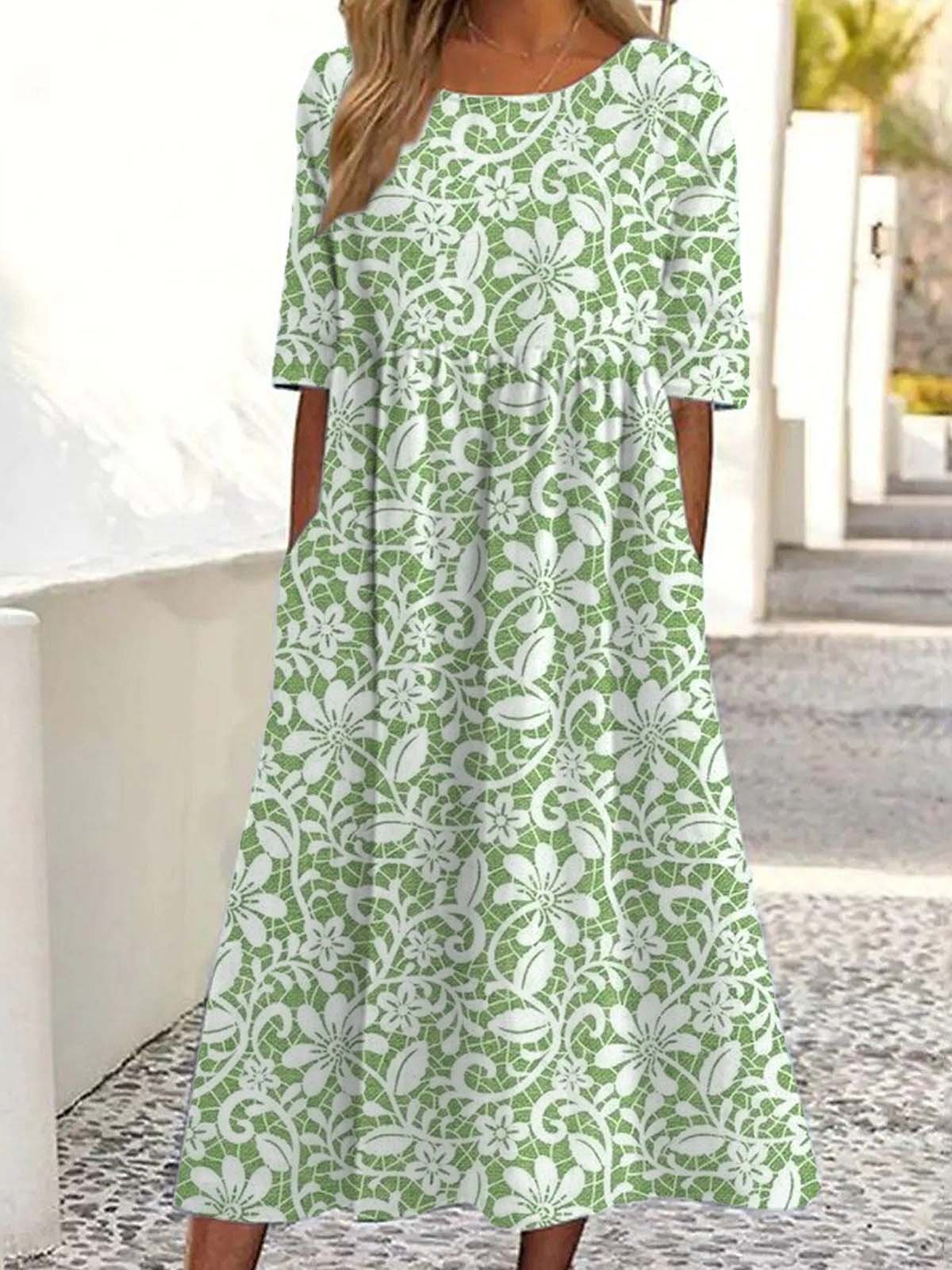 Damen Geblümt Halbarm Sommer Kleid Rundhals Täglich Retro Maxikleid Blusenkleid A-Linien-Kleid