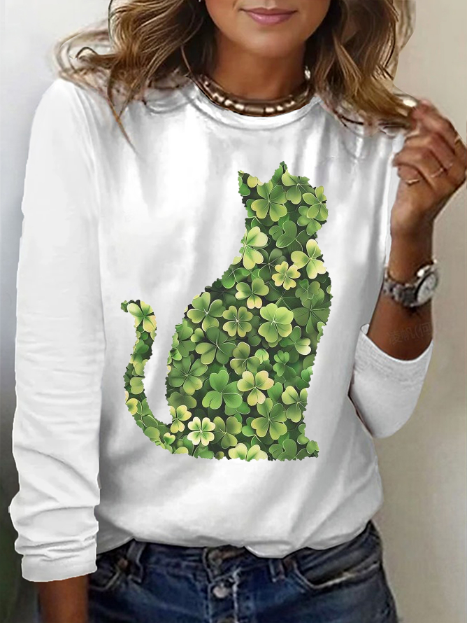 Damen Katze Langarm T-Shirts T-Shirt Rundhals Print Lässig Frühling/Herbst T-Shirt mit Grafik Oberteile