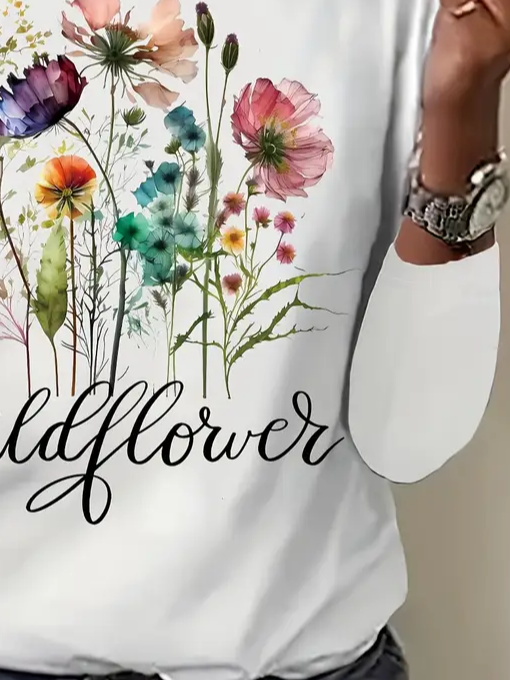 Damen Geblümt Langarm T-Shirts T-Shirt Rundhals Print Lässig Frühling/Herbst T-Shirt mit Grafik Oberteile