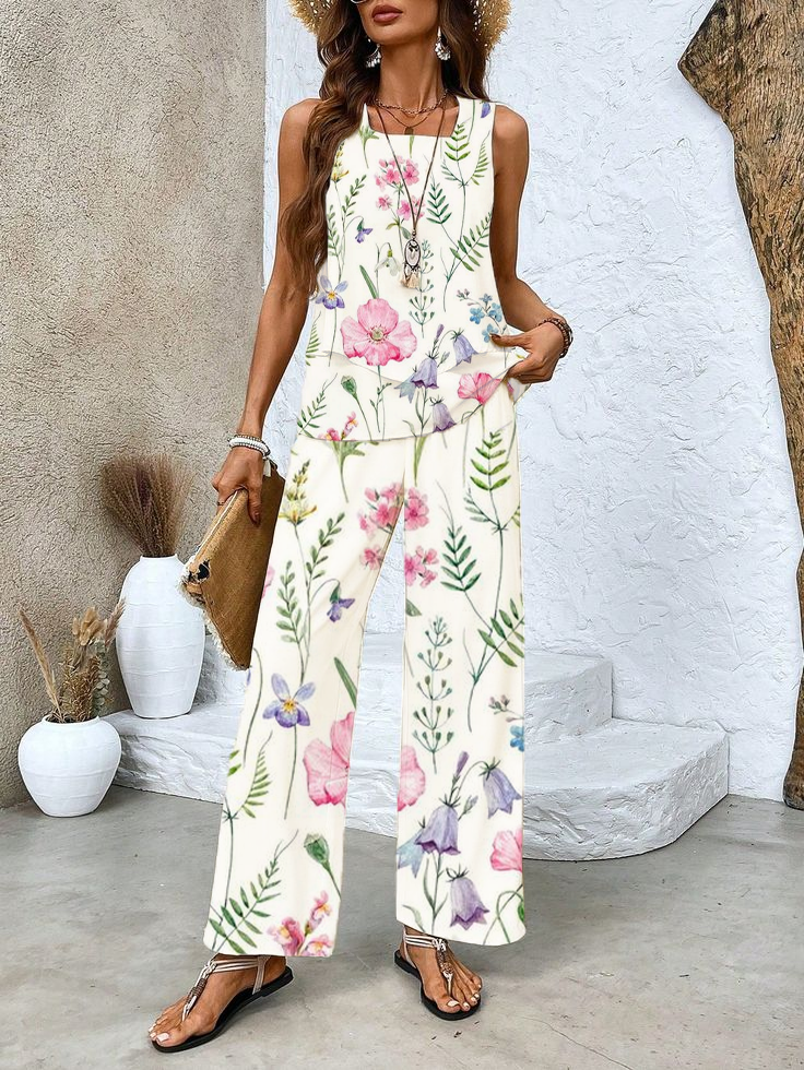 Damen Geblümt Print Zweiteiliges Set Täglich Ärmellos Lässig Sommer Bluse mit Hose Matching Set