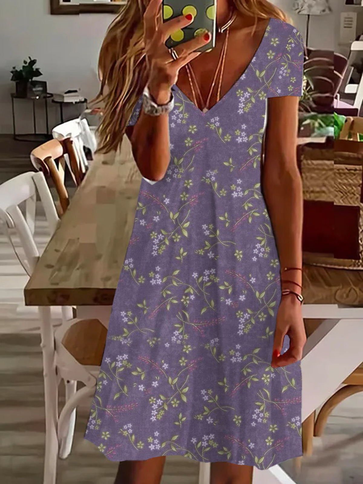 Damen Geblümt Kurzarm Sommer Print Kleid V-Ausschnitt Täglich Lässig Knielänge T-Shirt-Kleid H-Linie Kleid