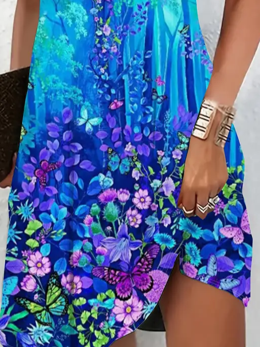 Damen Geblümt Kurzarm Sommer Print Kleid V-Ausschnitt Täglich Lässig Knielänge T-Shirt-Kleid H-Linie Kleid