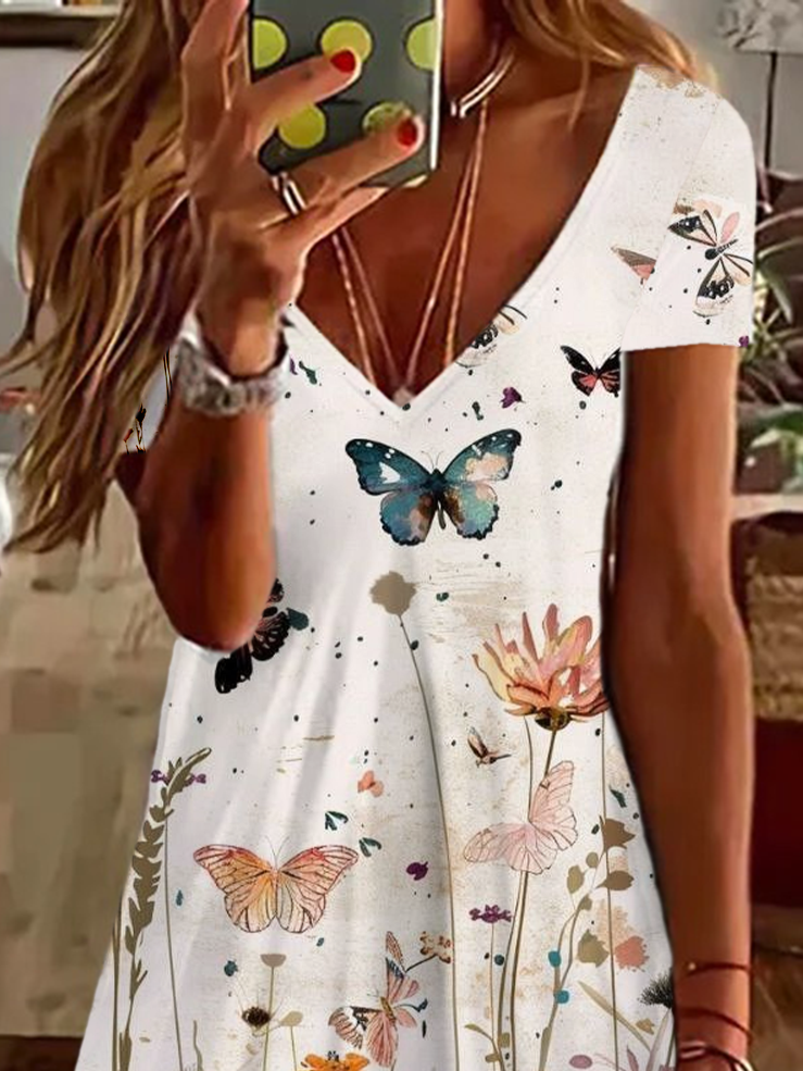 Damen Geblümt Kurzarm Sommer Print Kleid V-Ausschnitt Täglich Lässig Knielänge T-Shirt-Kleid H-Linie Kleid