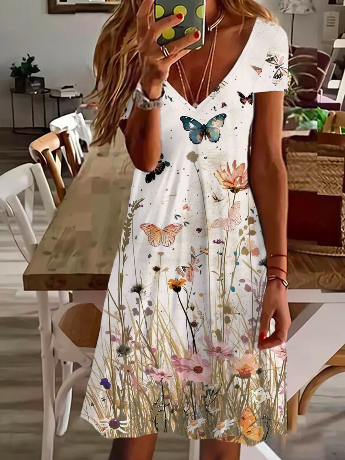 Damen Geblümt Kurzarm Sommer Print Kleid V-Ausschnitt Täglich Lässig Knielänge T-Shirt-Kleid H-Linie Kleid