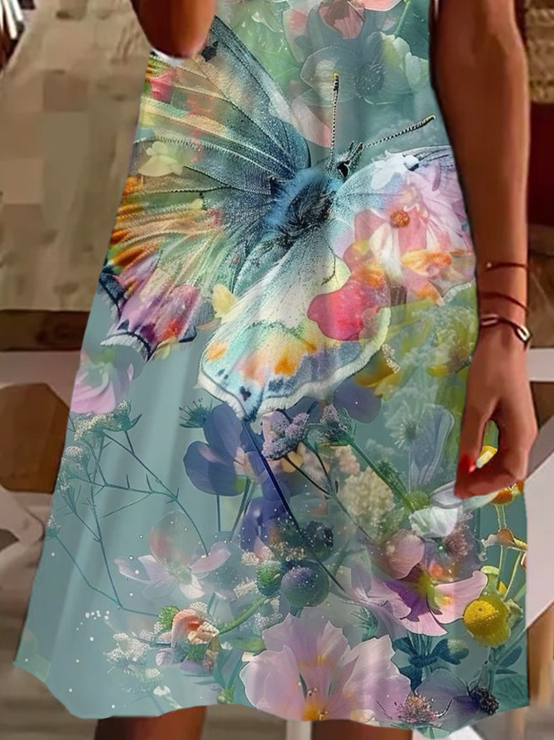 Damen Geblümt Kurzarm Sommer Print Kleid V-Ausschnitt Täglich Lässig Knielänge T-Shirt-Kleid H-Linie Kleid