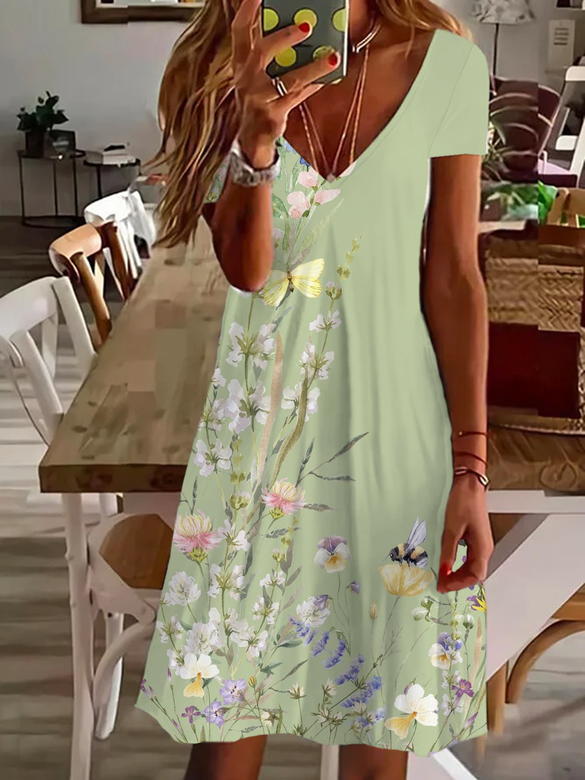 Damen Geblümt Kurzarm Sommer Print Kleid V-Ausschnitt Täglich Lässig Knielänge T-Shirt-Kleid H-Linie Kleid