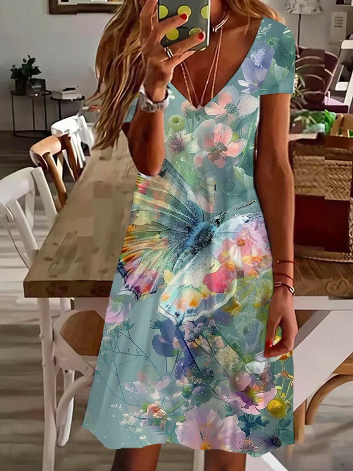 Damen Geblümt Kurzarm Sommer Print Kleid V-Ausschnitt Täglich Lässig Knielänge T-Shirt-Kleid H-Linie Kleid