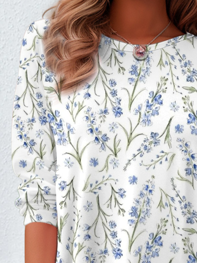 Damen Geblümt Langarm T-Shirts T-Shirt Rundhals Print Lässig Frühling/Herbst T-Shirt mit Grafik Oberteile