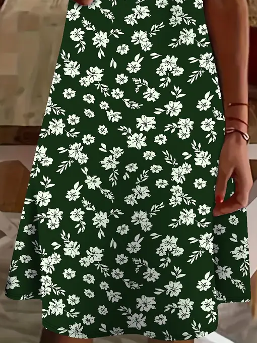 Damen Geblümt Kurzarm Sommer Print Kleid V-Ausschnitt Täglich Lässig Knielänge T-Shirt-Kleid H-Linie Kleid