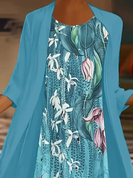 Damen Geblümt Print Zweiteiliges Set Täglich Dreiviertelärmel Lässig Frühling/Herbst Mantel mit Rock Matching Set