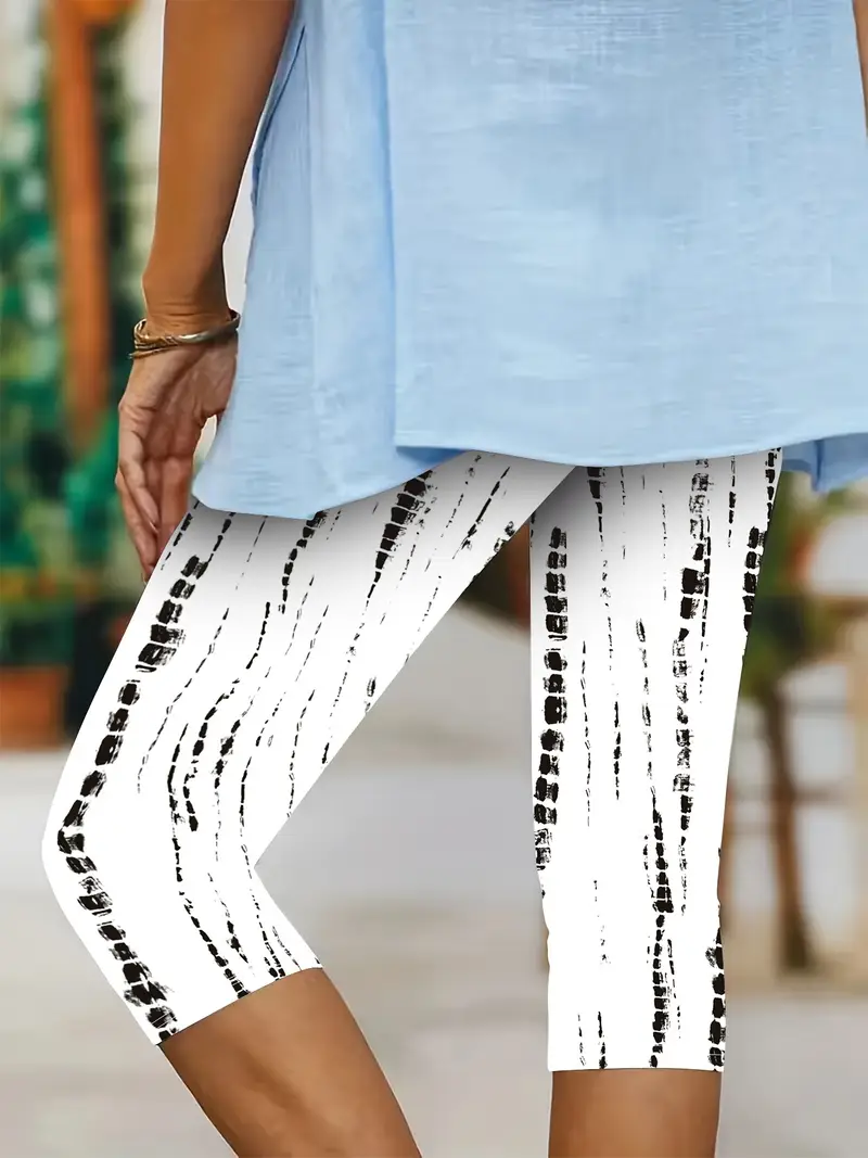 Damen abstrakte Streifen Caprihosen Elastische Taille Hose Lässig Sommer Hose