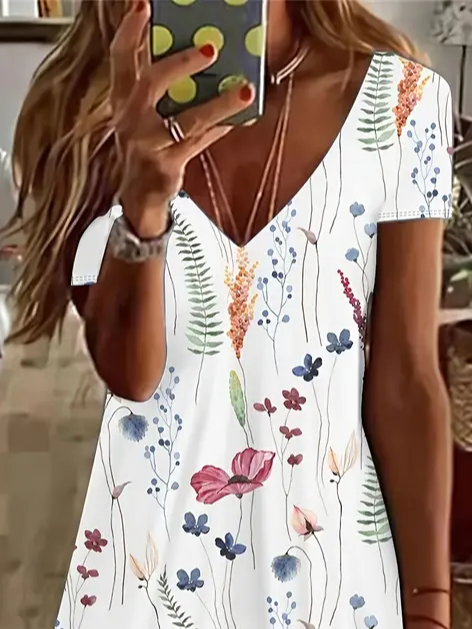 Damen Geblümt Kurzarm Sommer Print Kleid V-Ausschnitt Täglich Lässig Knielänge T-Shirt-Kleid H-Linie Kleid
