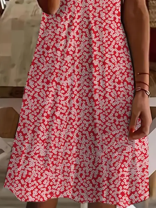 Damen Geblümt Kurzarm Sommer Print Kleid V-Ausschnitt Täglich Lässig Knielänge T-Shirt-Kleid H-Linie Kleid