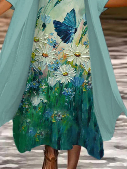 Damen Geblümt Print Zweiteiliges Set Täglich Dreiviertelärmel Lässig Frühling/Herbst Mantel mit Rock Matching Set