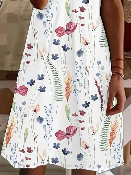 Damen Geblümt Kurzarm Sommer Print Kleid V-Ausschnitt Täglich Lässig Knielänge T-Shirt-Kleid H-Linie Kleid