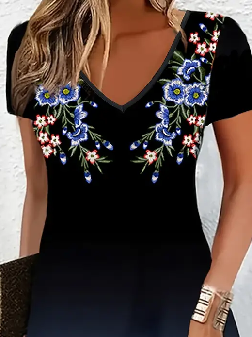 Damen Geblümt Kurzarm Sommer Print Kleid V-Ausschnitt Täglich Lässig Knielänge T-Shirt-Kleid H-Linie Kleid