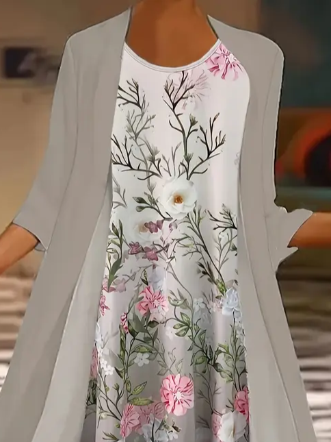 Damen Geblümt Print Zweiteiliges Set Täglich Dreiviertelärmel Lässig Frühling/Herbst Mantel mit Rock Matching Set