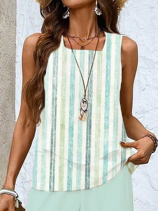 Damen Gestreift Print Zweiteiliges Set Täglich Ärmellos Lässig Sommer Bluse mit Hose Matching Set