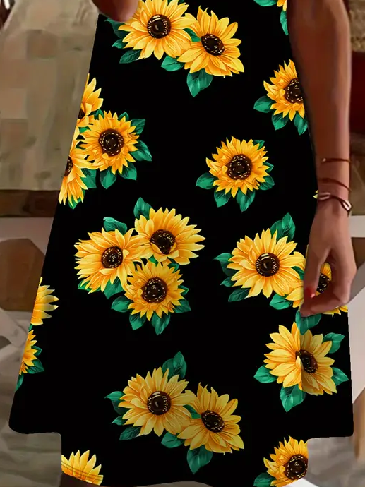 Damen Geblümt Kurzarm Sommer Print Kleid V-Ausschnitt Täglich Lässig Knielänge T-Shirt-Kleid H-Linie Kleid
