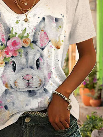 Damen OSTERN (Kaninchen) Kurzarm T-Shirts T-Shirt V-Ausschnitt Print Lässig Sommer T-Shirt mit Grafik Oberteile