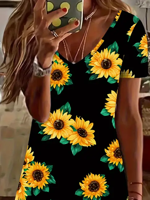 Damen Geblümt Kurzarm Sommer Print Kleid V-Ausschnitt Täglich Lässig Knielänge T-Shirt-Kleid H-Linie Kleid