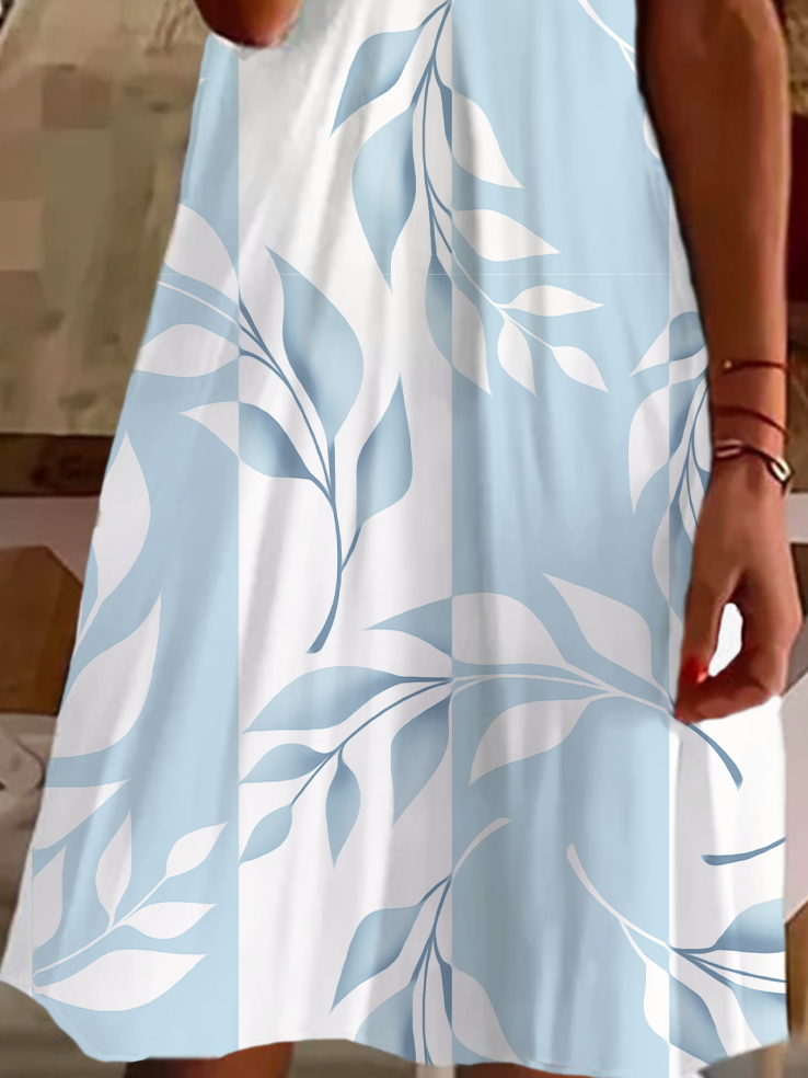 Damen Geblümt Kurzarm Sommer Print Kleid V-Ausschnitt Täglich Lässig Knielänge T-Shirt-Kleid H-Linie Kleid