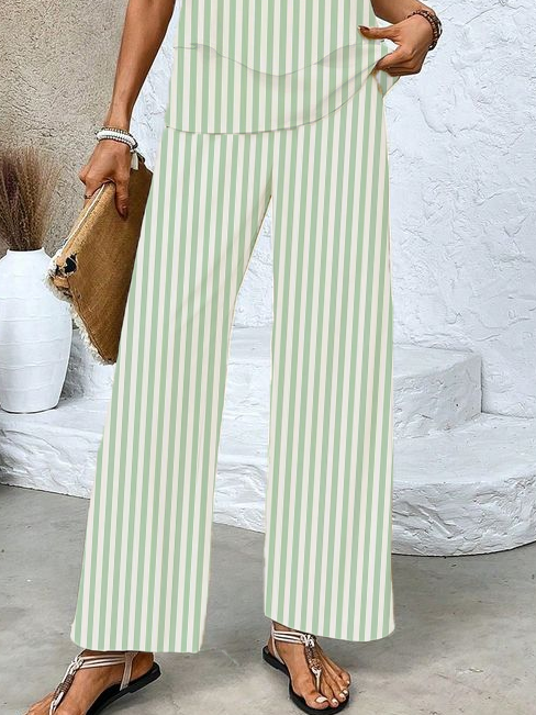 Damen Gestreift Print Zweiteiliges Set Täglich Ärmellos Lässig Sommer Bluse mit Hose Matching Set