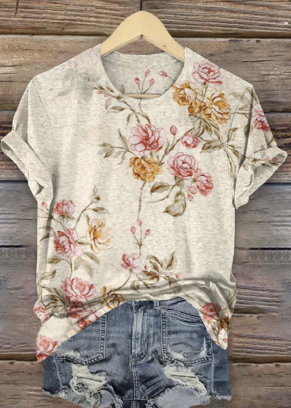 Damen Geblümt Kurzarm T-Shirts T-Shirt Rundhals Lässig Sommer Oberteile