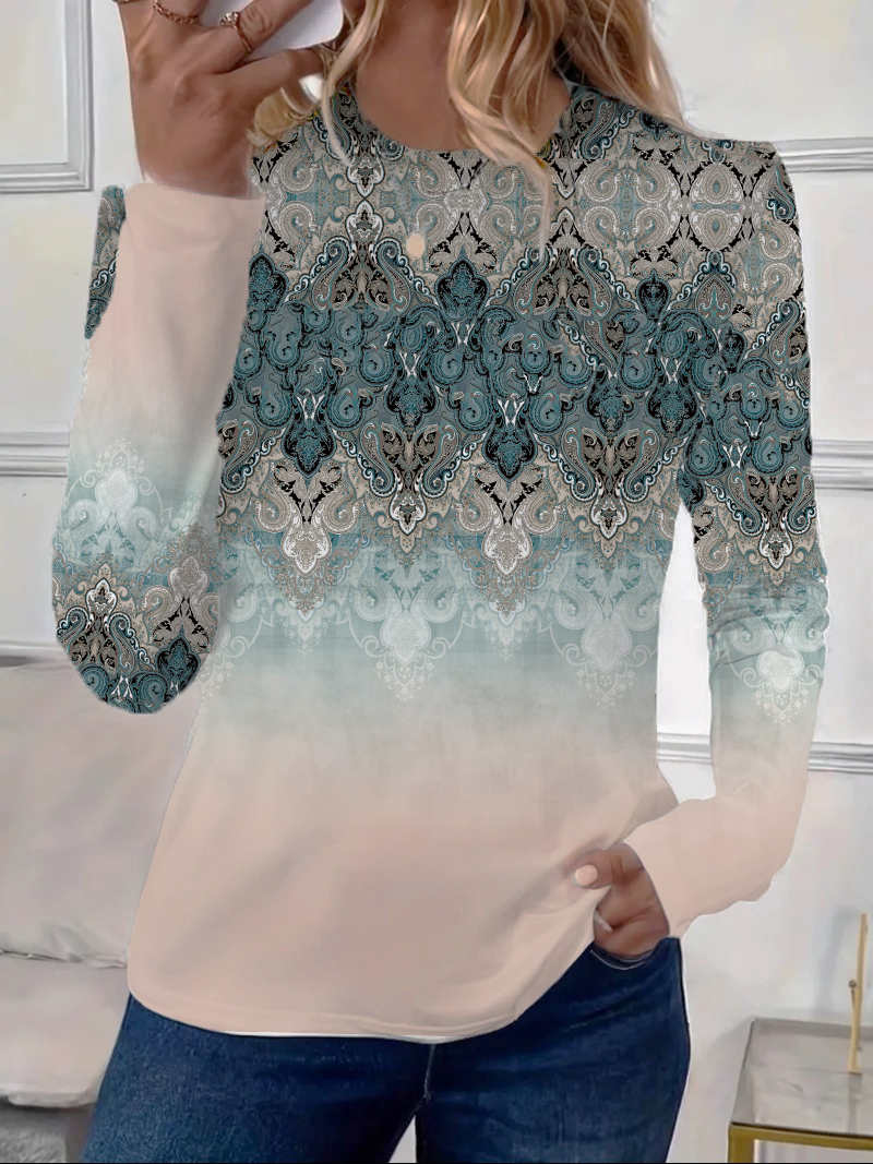Damen Geblümt Langarm T-Shirts T-Shirt Rundhals Print Lässig Frühling/Herbst T-Shirt mit Grafik Oberteile